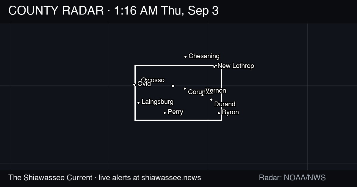 County radar at 1:16 AM Thursday — NWS: 50 mph gusts, nickel hail cross county from Laingsburg to 11 a.m.